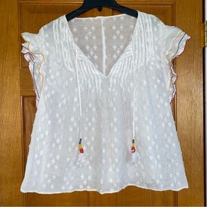 ACOS&A White Textured Top Blouse Colored Ruffled Sleeve Women’s XL Cotton Tassel